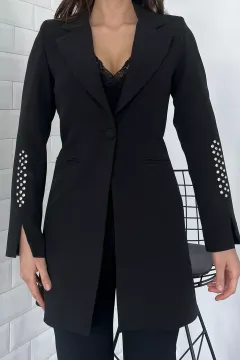 Kadın Kol Taş Detaylı Sahte Cepli Uzun Blazer Ceket Siyah