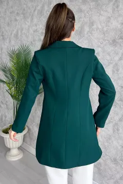 Kadın Kol Taş Detaylı Sahte Cepli Uzun Blazer Ceket Zümrüt Yeşili