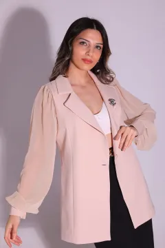 Kadın Kol Tül Detaylı İç Astarlı Ceket Bej