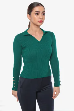 Kadın Kol Ucu Düğmeli Triko Bluz Yeşil