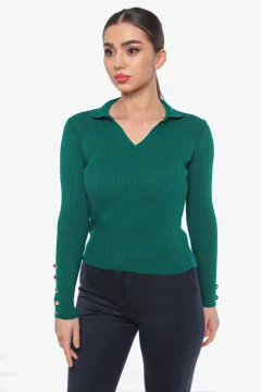 Kadın Kol Ucu Düğmeli Triko Bluz Yeşil