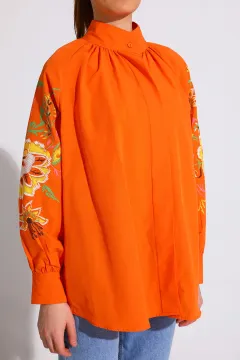 Kadın Kol Ve Sırt Baskı Detaylı Salaş Gömlek Orange