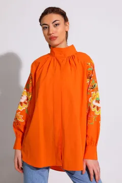 Kadın Kol Ve Sırt Baskı Detaylı Salaş Gömlek Orange