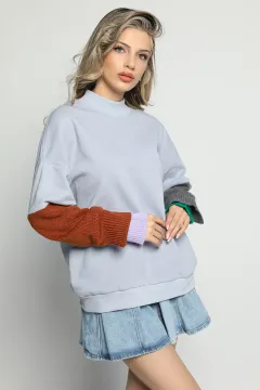 Kadın Kolları Triko Detaylı Sweatshirt Açıkmavi
