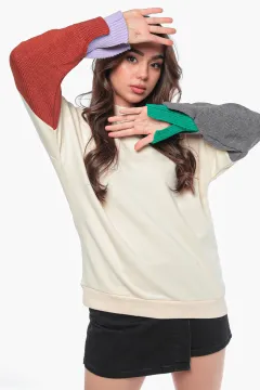 Kadın Kolları Triko Detaylı Sweatshirt Bej