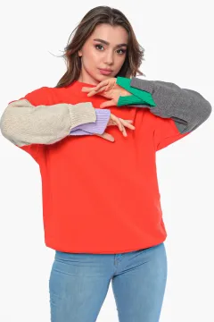 Kadın Kolları Triko Detaylı Sweatshirt Orange