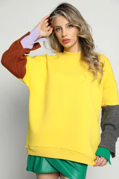 Kadın Kolları Triko Detaylı Sweatshirt Sarı