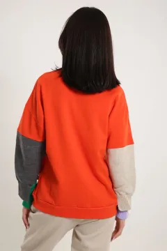 Kadın Kolları Triko Detaylı Sweatshirt Orange