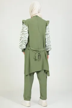 Kadın Kolları Zebra Desenli Pantolonlu Tesettür Takım Yeşil