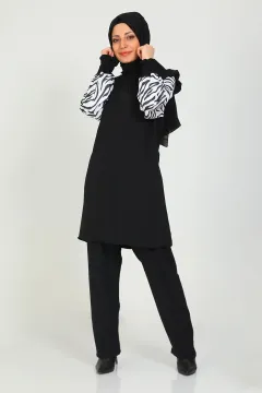 Kadın Kolları Zebra Desenli Pantolonlu Tesettür Takım Siyah