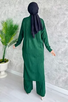 Kadın Kolsuz Tunik Pantolon Hırka Kombinli 3'lü Tesettür Triko Takım Yeşil