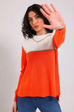 Kadın Kolyeli Çift Renk Triko Kazak Orange