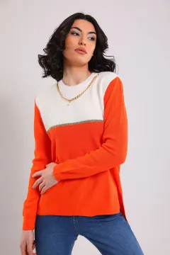 Kadın Kolyeli Çift Renk Triko Kazak Orange