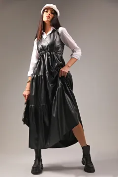 Kadın Kravuze Yaka Bel Bağcıklı Deri Jile Elbise Siyah