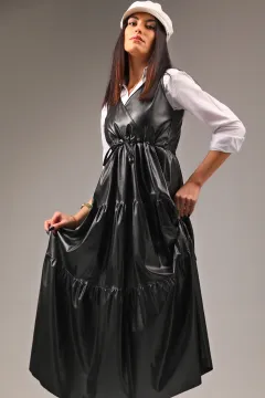 Kadın Kravuze Yaka Bel Bağcıklı Deri Jile Elbise Siyah