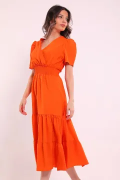 Kadın Kravuze Yaka Bel Lastikli Kısa Kollu Elbise Orange