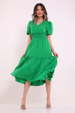 Kadın Kravuze Yaka Bel Lastikli Kısa Kollu Elbise Yeşil
