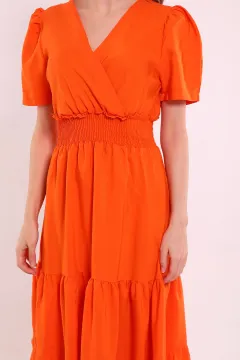 Kadın Kravuze Yaka Bel Lastikli Kısa Kollu Elbise Orange