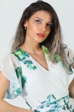 Kadın Kravuze Yaka Desenli Elbise Kremyeşil