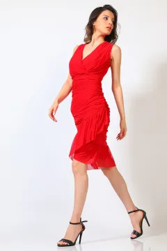 Kadın Kravuze Yaka Fırfırlı Abiye Elbise Kırmızı