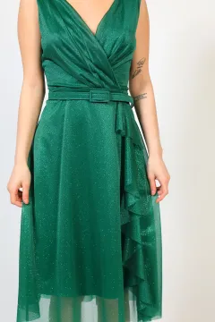 Kadın Kravuze Yaka Kemerli Abiye Elbise Yeşil