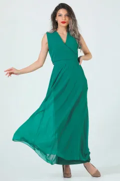 Kadın Kravuze Yaka Kuşaklı Abiye Elbise Yeşil