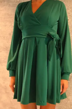 Kadın Kravuze Yaka Kuşaklı Elbise Yeşil