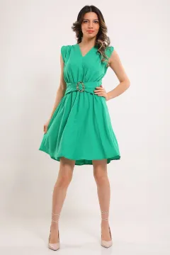 Kadın Kravuze Yaka Tokalı Elbise Yeşil