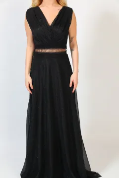Kadın Kruvaze Yaka Astarlı Işıltılı Bel Detaylı Uzun Tül Abiye Elbise Siyah