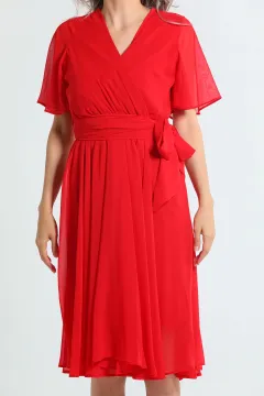 Kadın Kruvaze Yaka Bel Kuşak Detaylı Şifon Abiye Elbise Kırmızı