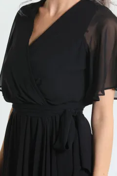 Kadın Kruvaze Yaka Bel Kuşak Detaylı Şifon Abiye Elbise Siyah