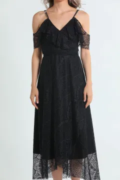Kadın Kruvaze Yaka Bel Kuşak Detaylı Tüllü Abiye Elbise Siyah