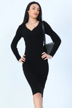 Kadın Kruvaze Yaka Fitilli Triko Elbise Siyah