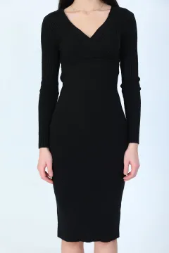 Kadın Kruvaze Yaka Fitilli Triko Elbise Siyah