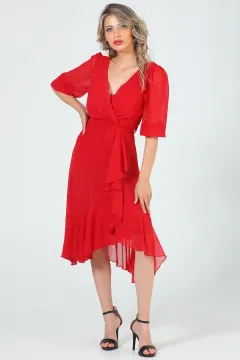 Kadın Kruvaze Yaka Kol Tüllü Bel Kuşak Detaylı Fırfırlı Abiye Elbise Kırmızı