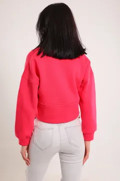 Kadın Kruvaze Yaka Şardonlu Crop Sweatshirt Fuşya