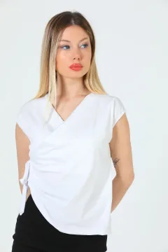 Kadın Kruvaze Yaka Yan Bağlamalı Bluz Beyaz