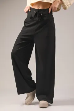 Kadın Kuşaklı Bol Paça Pantolon Siyah