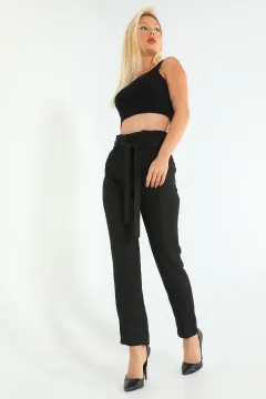 Kadın Kuşaklı Yüksek Bel Kumaş Pantolon Siyah