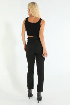 Kadın Kuşaklı Yüksek Bel Kumaş Pantolon Siyah