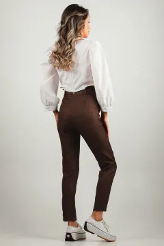 Kadın Kuşaklı Yüksek Bel Kumaş Pantolon Kahve