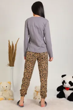 Kadın Leopar Baskılı Pijama Takımı Gri