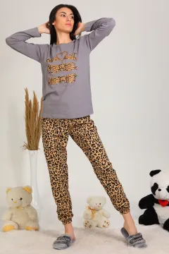 Kadın Leopar Baskılı Pijama Takımı Gri