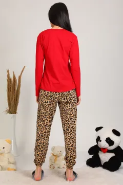Kadın Leopar Baskılı Pijama Takımı Kırmızı