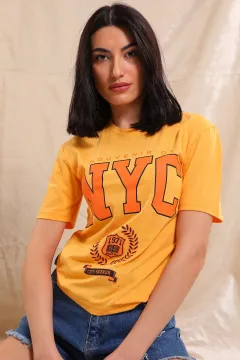 Kadın Likralı Baskılı T-shırt Koyu Sarı Orange