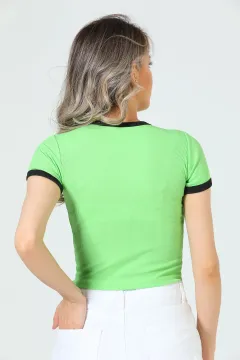 Kadın Likralı Bisiklet Yaka Baskılı Kaşkorse Crop T-shirt Yeşil