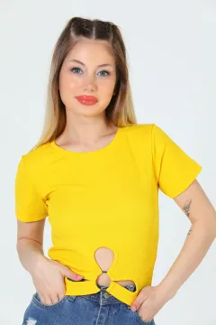 Kadın Likralı Bisiklet Yaka Ön Halka Detaylı Kaşkorse Bluz Sarı