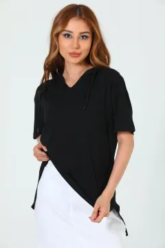 Kadın Likralı Kapüşonlu Yırtmaçlı Spor T-shirt Siyah