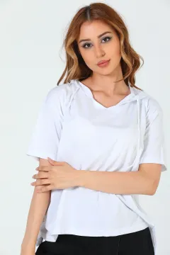 Kadın Likralı Kapüşonlu Yırtmaçlı Spor T-shirt Beyaz