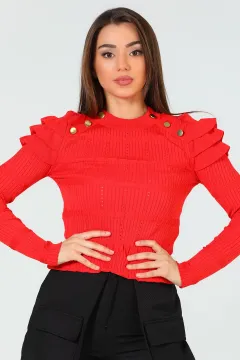 Kadın Likralı Omuz Detaylı Düğmeli Triko Bluz Kırmızı
